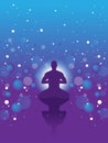 Vector banner with meditation man on abstract violet background with stars and spheres Yoga in the universe. Man in the lotus posi Royalty Free Stock Photo
